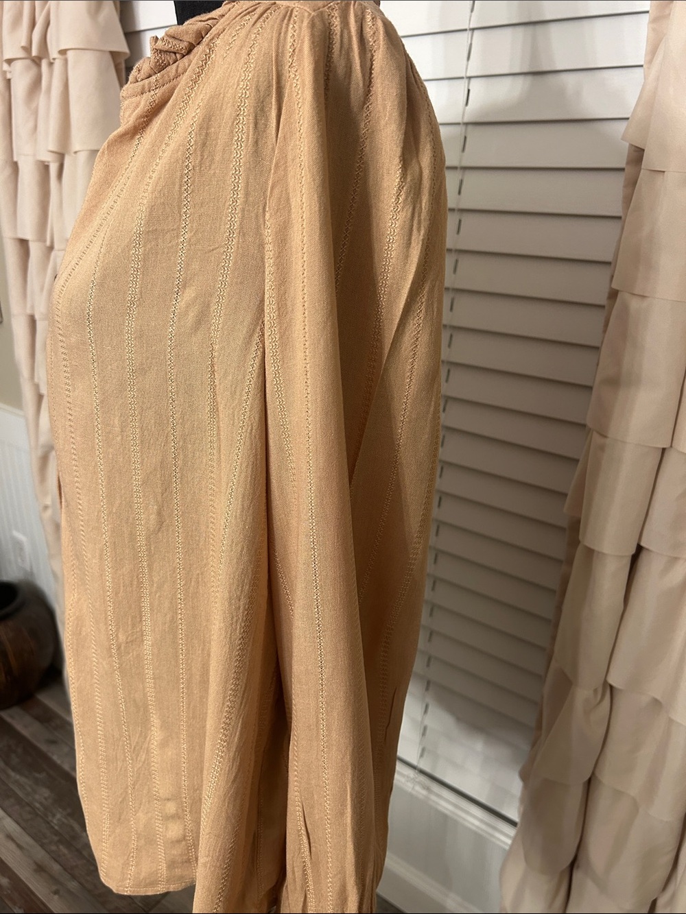 Wonderly Light Tan Ruffle-Neck Button-Down Blouse - Picture 3 of 6